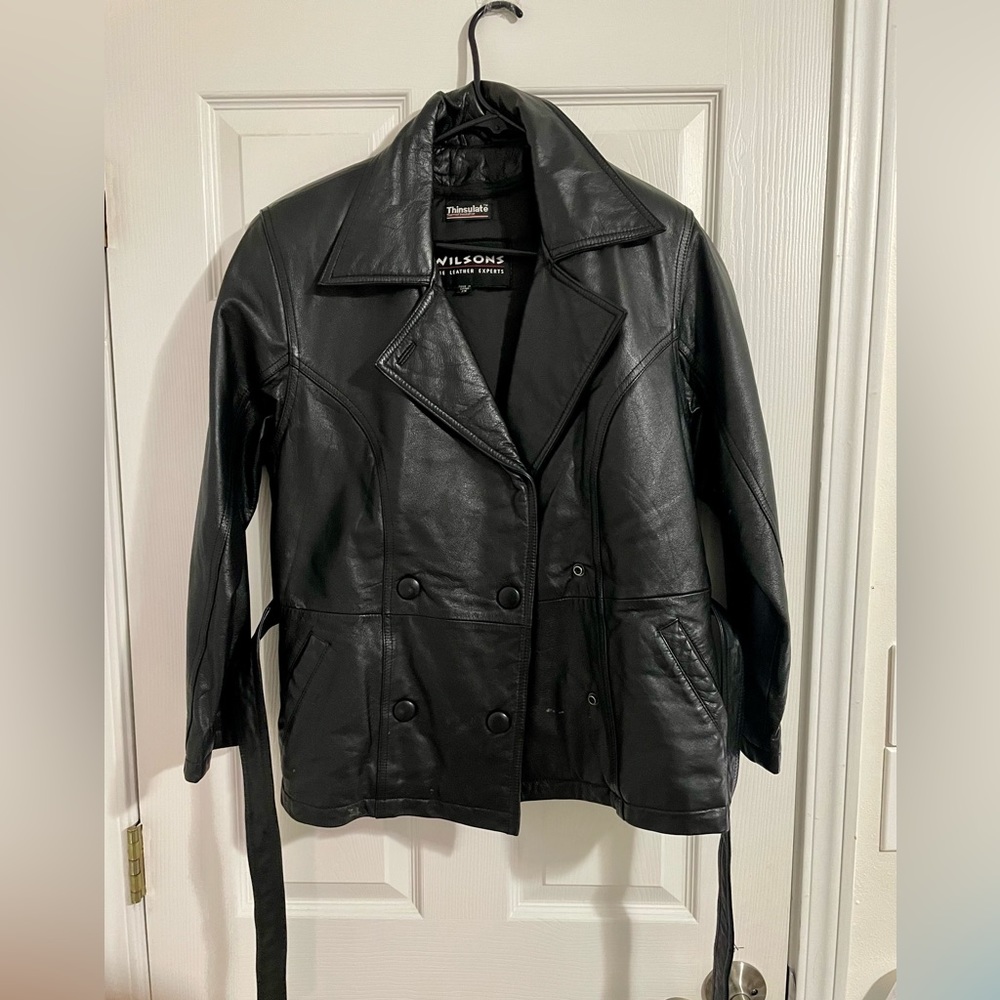 Womens Leather Jacket XL Wilsons Thinsulate Ultra Zip Out Liner Belt Buttons XS